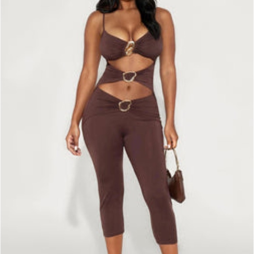 Fashion Nova Festival Cut Out Hardware Capri Stretch Jumpsuit - Chocolate